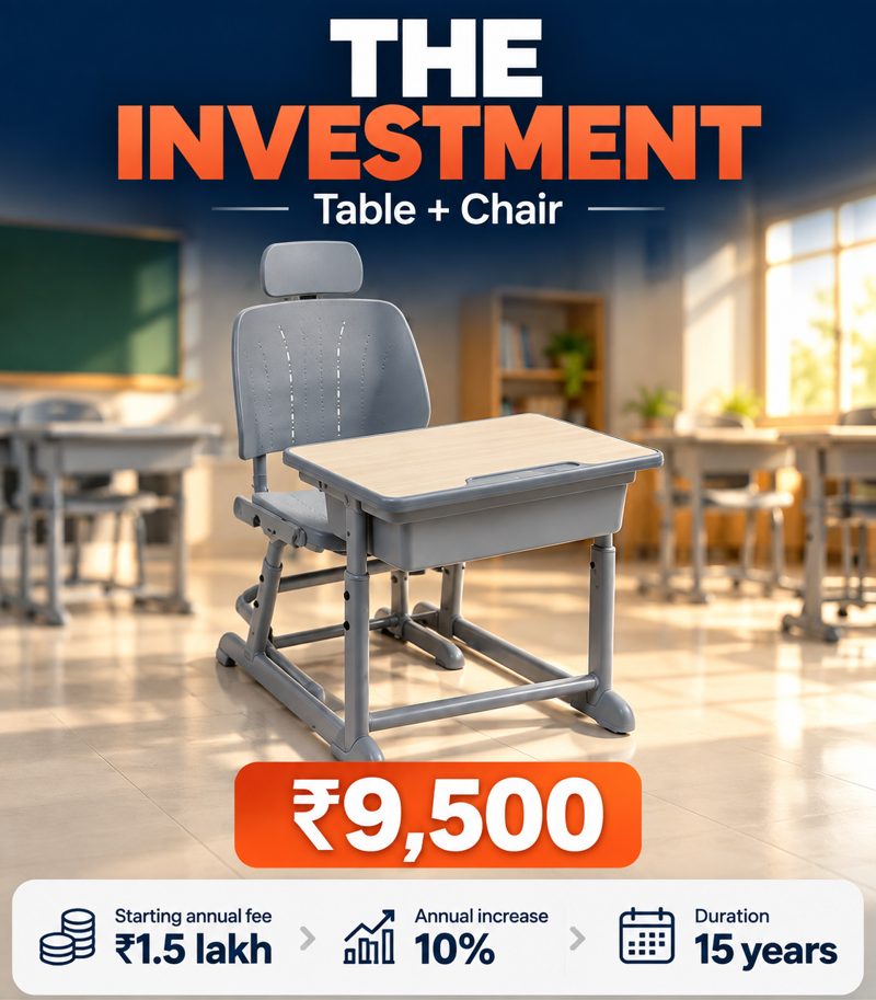 The investment: table and chair for ₹9,500. Starting annual fee ₹1.5 lakh, rising 10% a year, for 15 years.